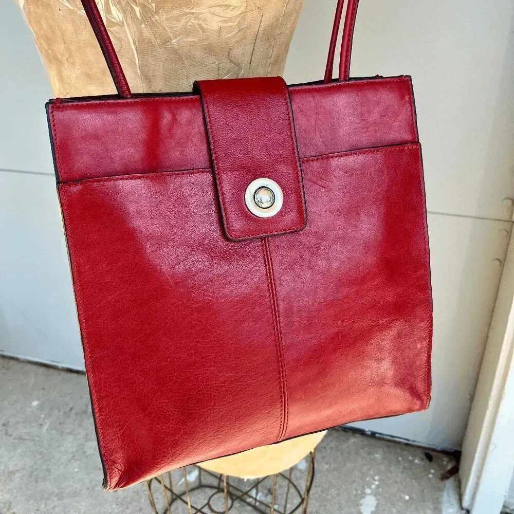 VTG Red Leather Tote Bag Structured Shoulder Purse Minimalist Office Chic